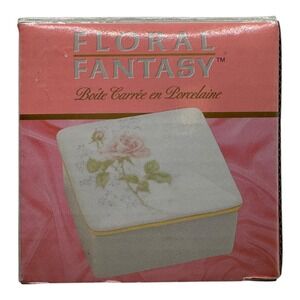 Vintage Floral Fantasy Porcelain Square Trinket Box Pink Rose 1988 Japan G72Q